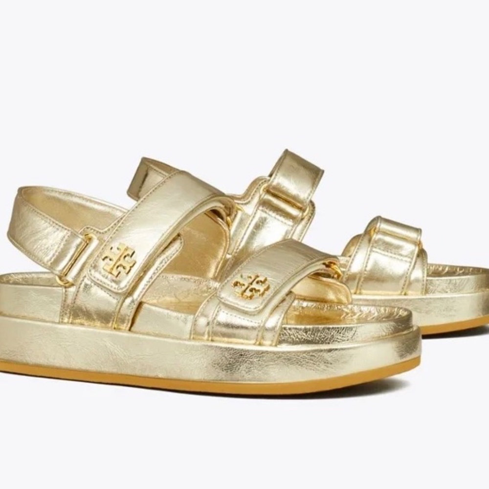 Tory Burch Kira sport Gold Sandal Logo Classic NWOB SIZE 9M - Picture 2 of 11